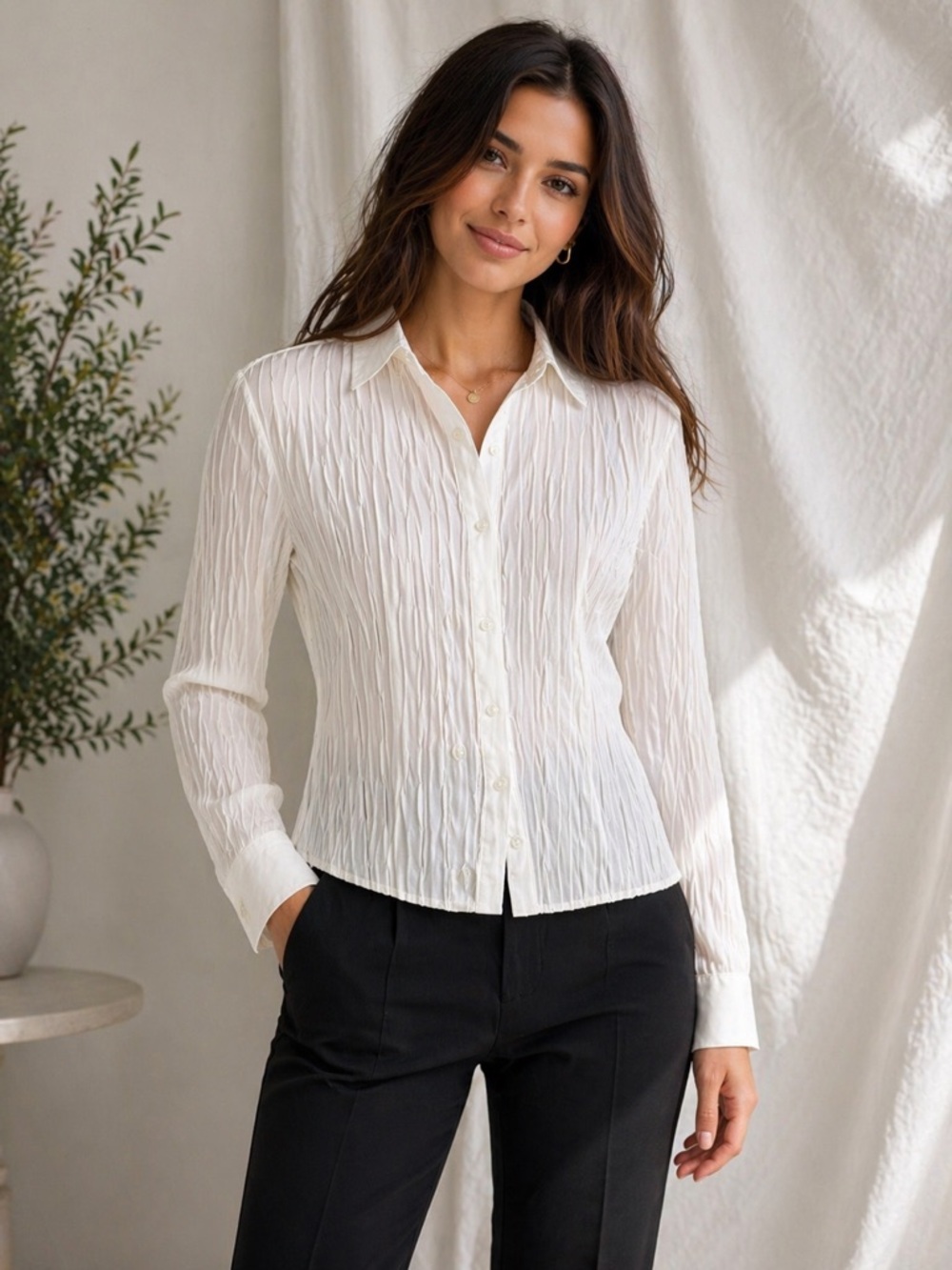 Women's Cream Textured Button-Down Shirt. PTP 21